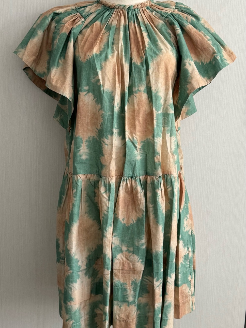 Ulla Johnson Green and Tan Braided-Trim Tie-Dye Dress